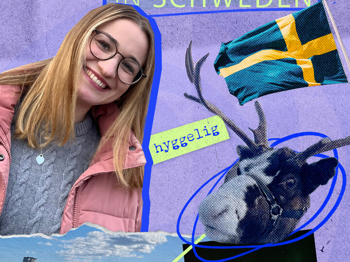 Fotocollage im Hochformat: Mittige Bildunterschrift: "Lara studiert Hygge in Schweden", darunter und darüber Fotos einer lächelnden, blonden Studierenden mit Brille. Darum herum einzelne Fotos von einer Kanelbulle, einem Hafen, einem Elch und der schwedischen Flagge.
