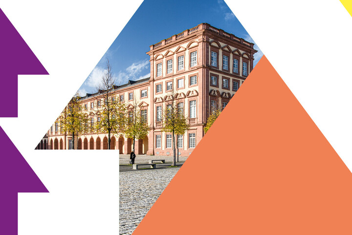 Ein Bild der Universität Mannheim in Pfeilen, das umgeben von bunten Pfeilen ist.