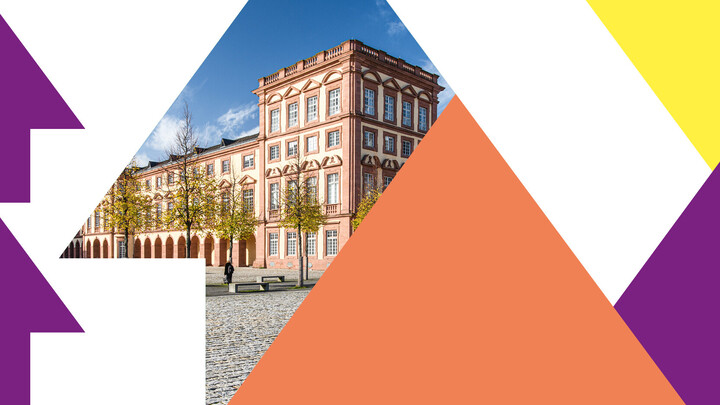 Ein Bild der Universität Mannheim in Pfeilen, das umgeben von bunten Pfeilen ist.