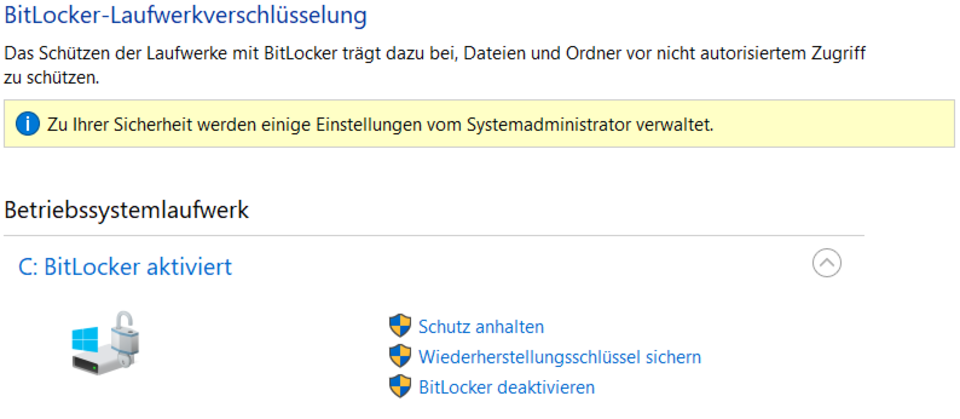 Anzeige BitLocker Festplattenverschlüsselung