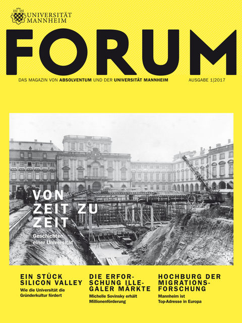 Gelbes Cover des FORUM-Magazins mit dem Titel "Von Zeit zu Zeit. Geschichte einer Universität". Schwarz-Weiß-Foto des Mannheimer Schlosses mit Baustelle auf dem Ehrenhof.