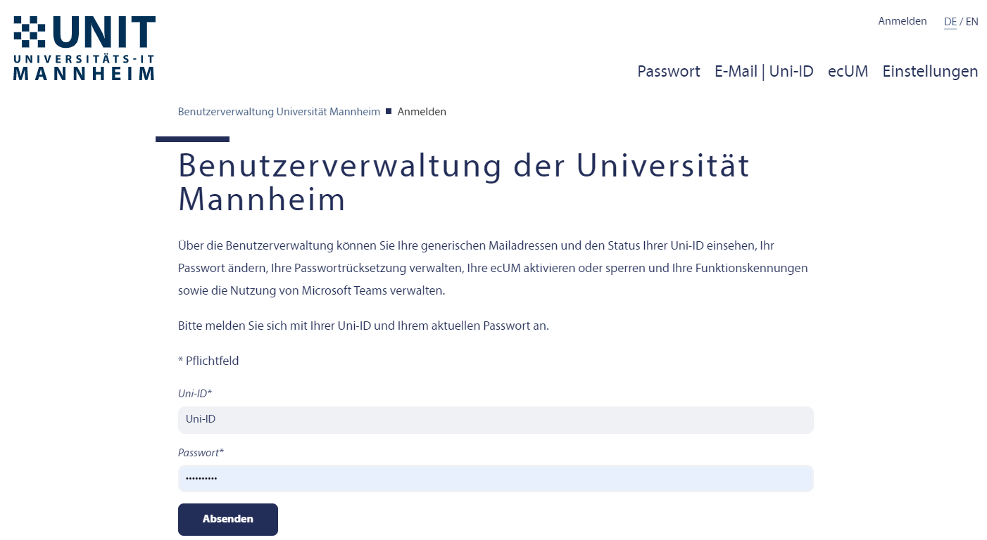 Anmeldung bei Benutzerverwaltung mit Ihrer Uni-ID