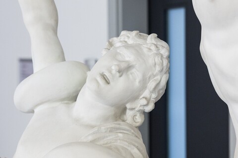 Eine antike Skulptur eines Mannes streckt mit einem schmerzerfüllten Blick seine rechte Hand nach oben. Um seine Schultern schlängelt sich eine Schlange.