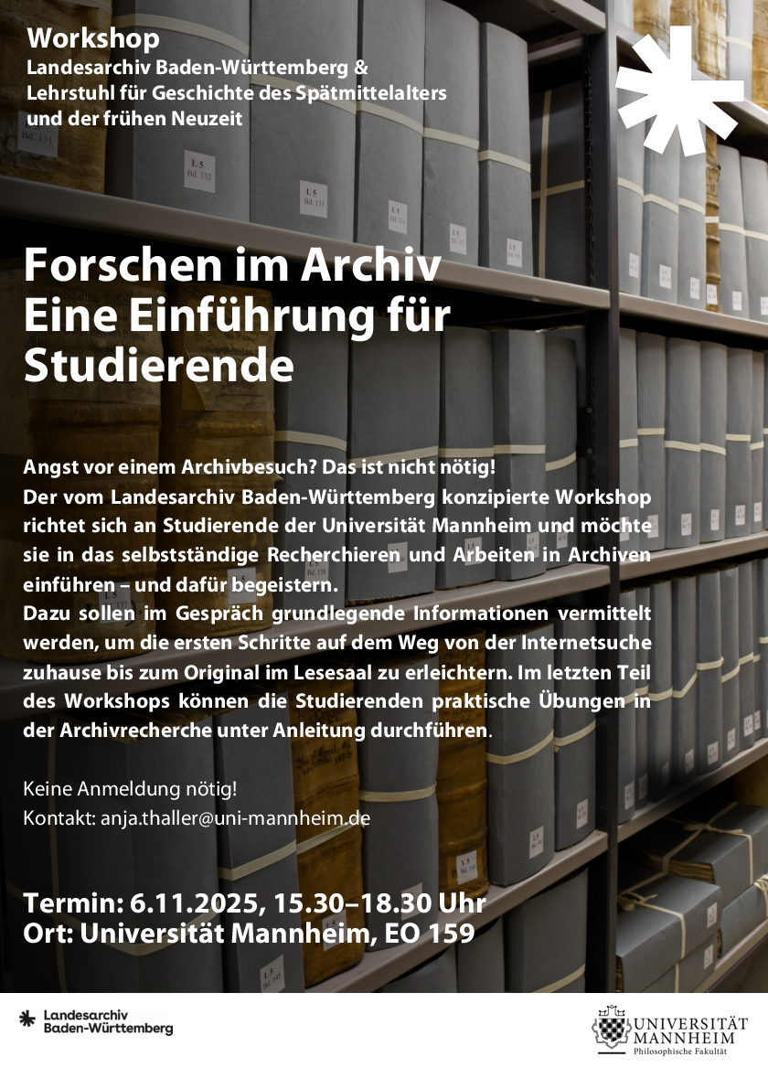 Plakat für den Workshop "Forschen im Archiv" mit Beschreibungstext in weiß vor einem Foto von grauen Aktenschubern