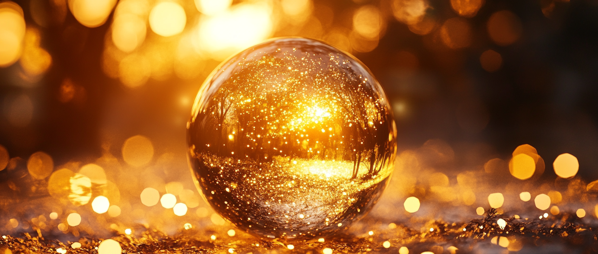Media & interviews Glass marble against a background of golden light