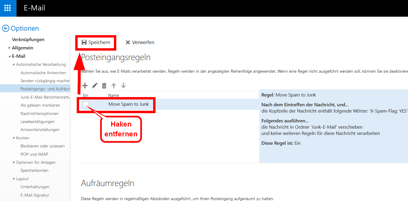 In Posteingangsregeln Haken entfernen