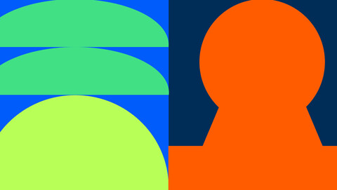 Eine geometrische Grafik in blau, grün und orange.