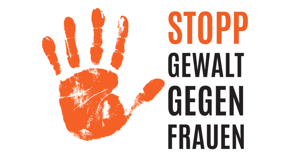 Orangener Handabruck und Text: Stopp Gewalt gegen Frauen