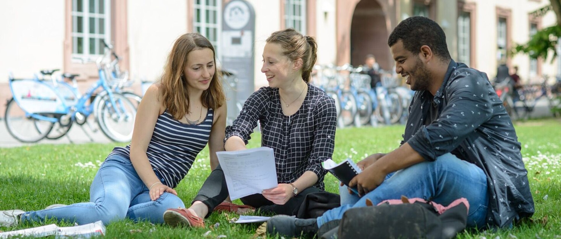 Studierende sitzen auf einer Wiese vor dem Schloss und unterhalten sich miteinander.