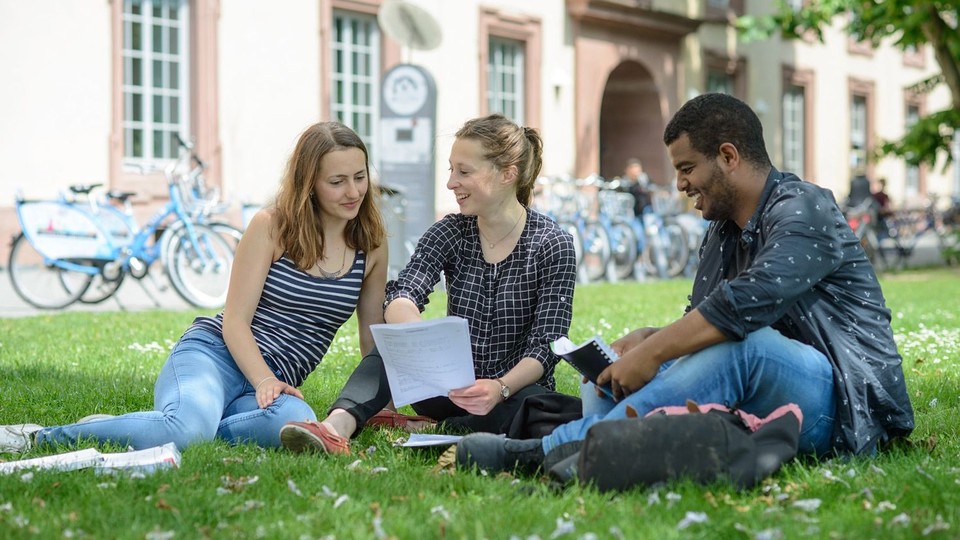 Studierende sitzen auf einer Wiese vor dem Schloss und unterhalten sich miteinander.