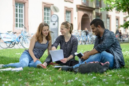 Studierende sitzen auf einer Wiese vor dem Schloss und unterhalten sich miteinander.