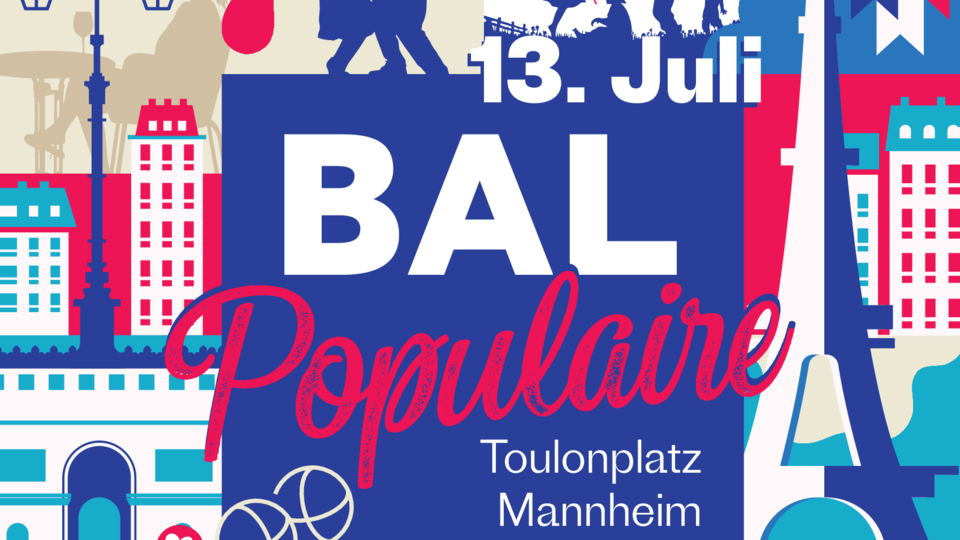 Plakat vom Bal Populaire in den Farben der französischen Flagge