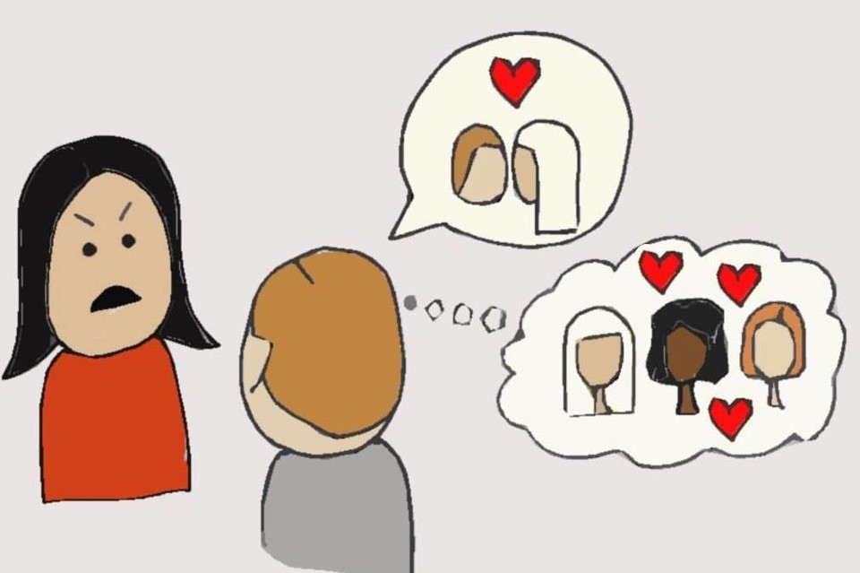 Zeichnung einer wütend wirkenden Frau. Ihr gegenüber steht ein Mann mit einer Sprechblase, in der ein Liebespaar zu sehen ist, sowie einer Gedankenblase, in der mehrere Frauen zu sehen sind.