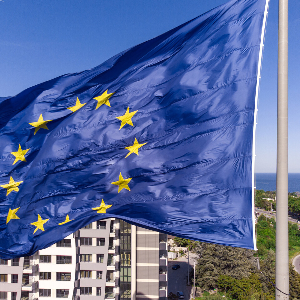 Die Flagge der Europäischen Union weht an einer Fahnenstange im Wind.