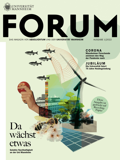 Cover des FORUM-Magazins in hellgrün und dem Titel "Da wächst etwas". Eine Collage mit einer Biene an einer Blüte, einer Hand mit einem Apfel, einem Windrad und im Hintergrund das Mannheimer Schloss.