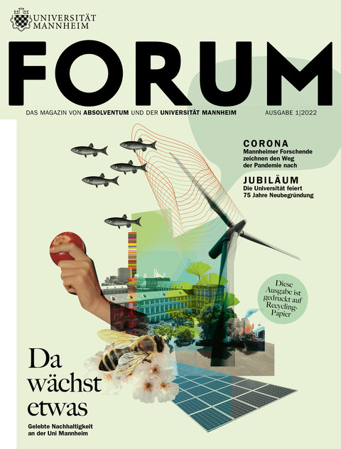 Cover des FORUM-Magazins in hellgrün und dem Titel "Da wächst etwas". Eine Collage mit einer Biene an einer Blüte, einer Hand mit einem Apfel, einem Windrad und im Hintergrund das Mannheimer Schloss.