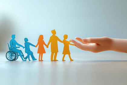 Gemalte Personen stehen Hand in Hand nebeneinander. Eine große Hand ist rechts von ihnen zu sehen.