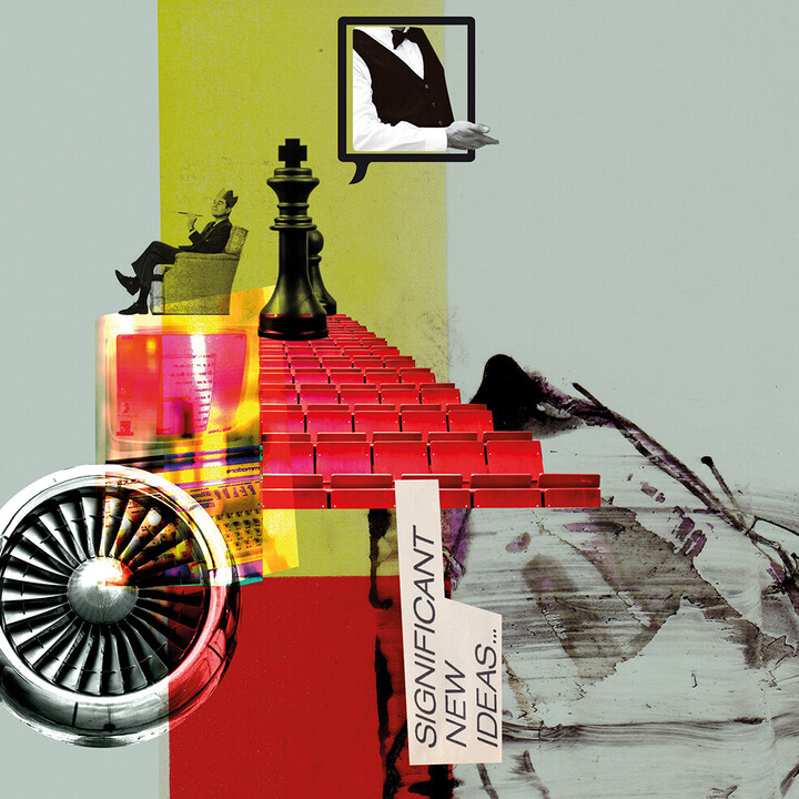 Bildercollage auf grau-gelbem Hintergrund mit roten Stühlen eines Vorlesungssaals, einem alten Computer, einem Flugzeugtriebwerk, einem Anzug, einem schwarz gekleideten Mann mit Krone in einem Stuhl und der schwarzen Schachfigur König. Unten prangt der Schriftzug "Significant new ideas".