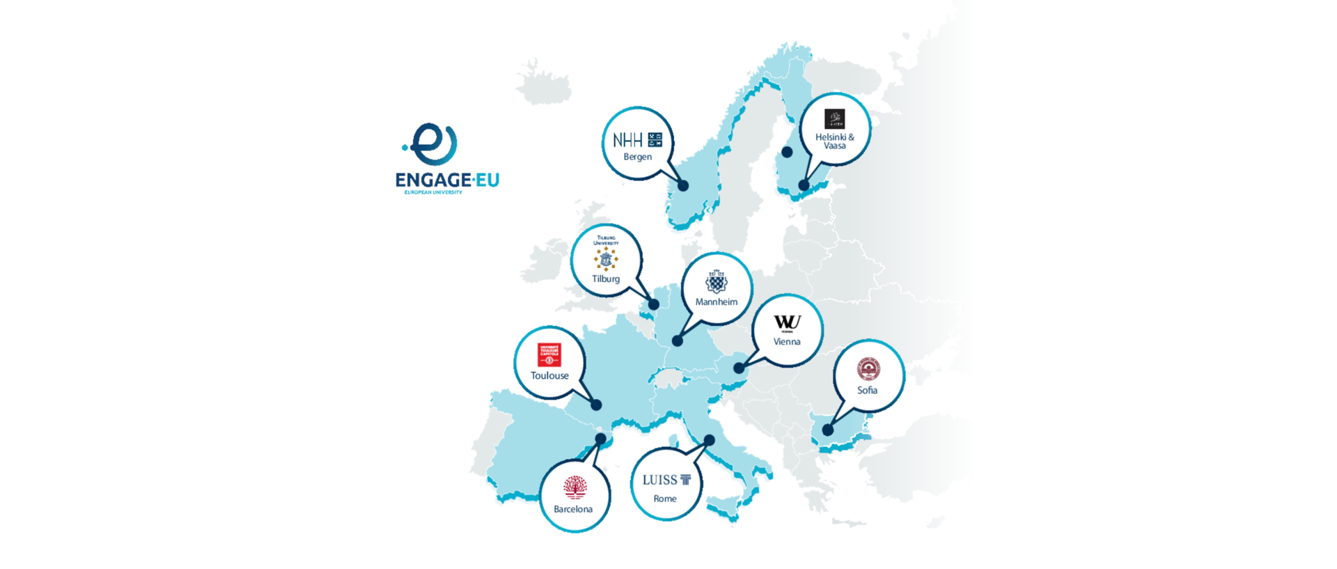Karte von Europa mit den Standorten und Logos der ENGAGE.EU Partneruniversitäten