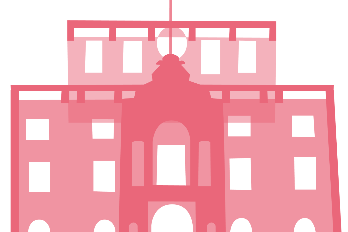Pinke Grafik vom Haupteingang des Mannheimer Schlosses. Zusammen mit den anderen, verschiedenfarbigen Bausteinen bilder er ein buntes Schloss. 