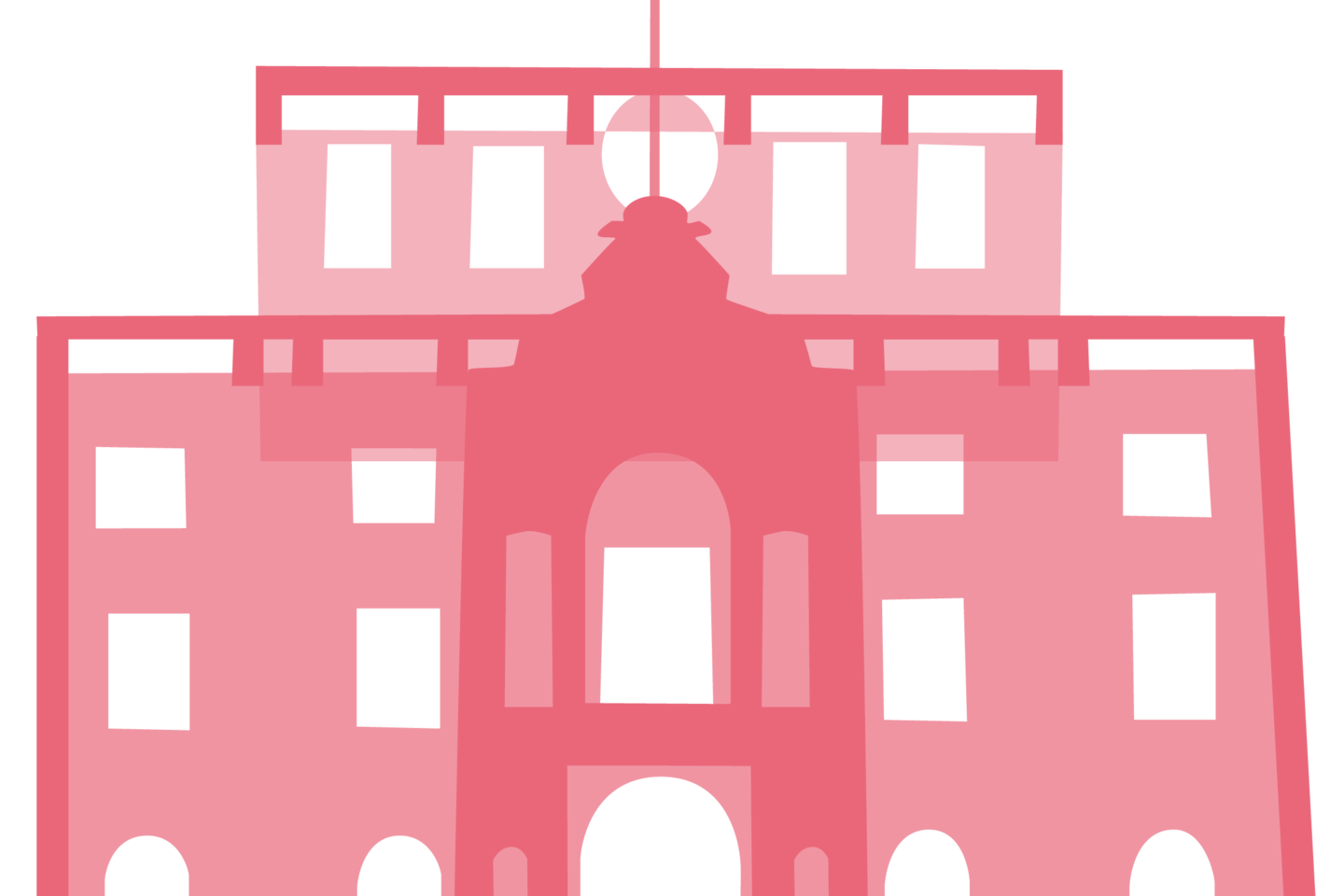 Orange illustration of a wing of the Mannheim Schloss. The various colorful illustrations are the components of a colorful Schloss.