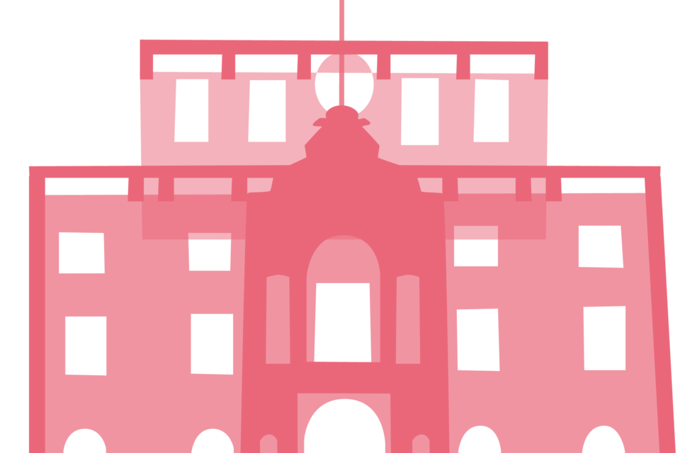 Orangene Grafik eines Seitenflügels des Mannheimer Schlosses. Zusammen mit den anderen, verschiedenfarbigen Bausteinen bildet sie ein buntes Schloss.