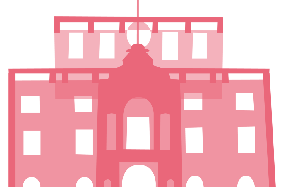 Orangene Grafik eines Seitenflügels des Mannheimer Schlosses. Zusammen mit den anderen, verschiedenfarbigen Bausteinen bildet sie ein buntes Schloss.