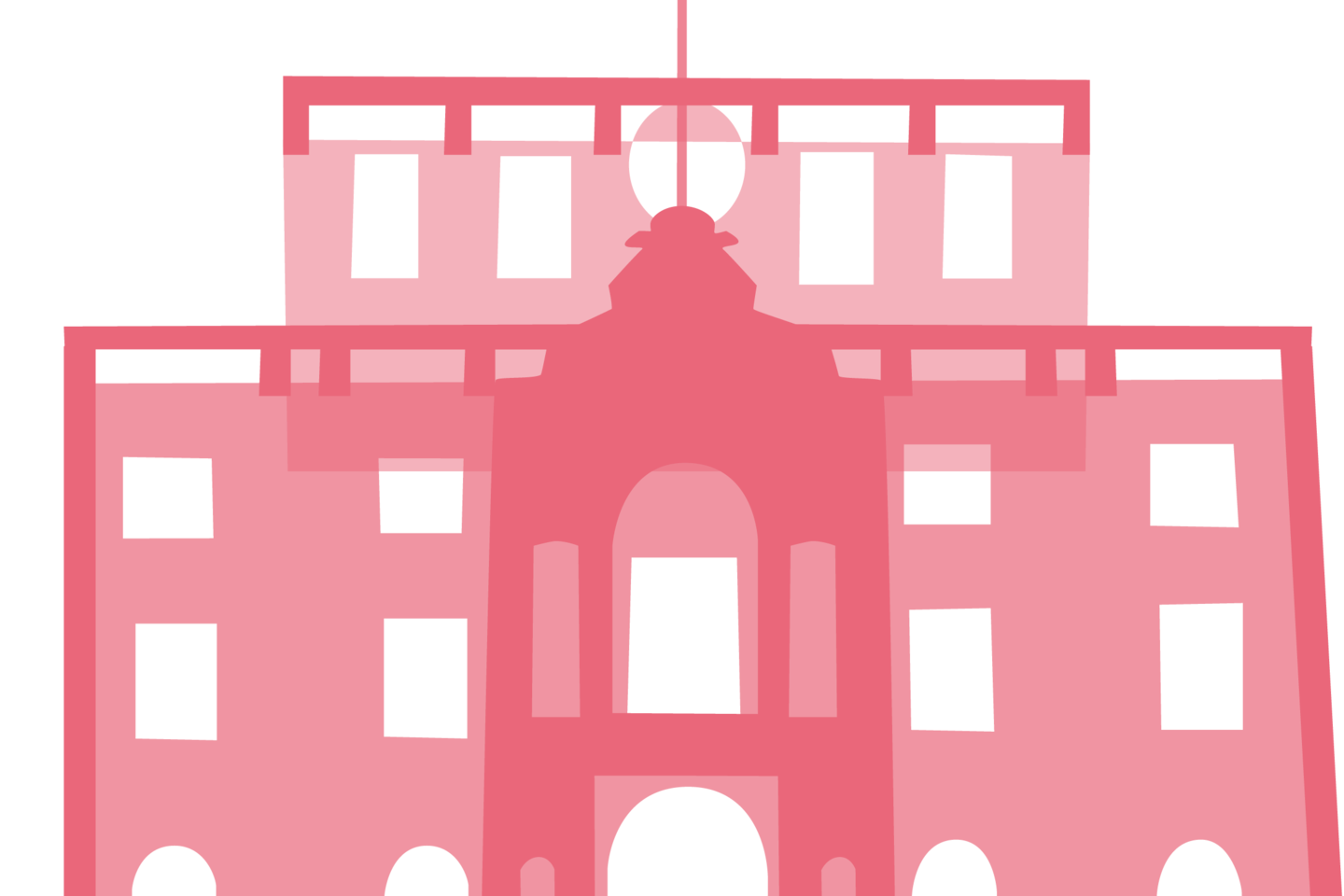 Orange illustration of a wing of the Mannheim Schloss. The various colorful illustrations are the components of a colorful Schloss.