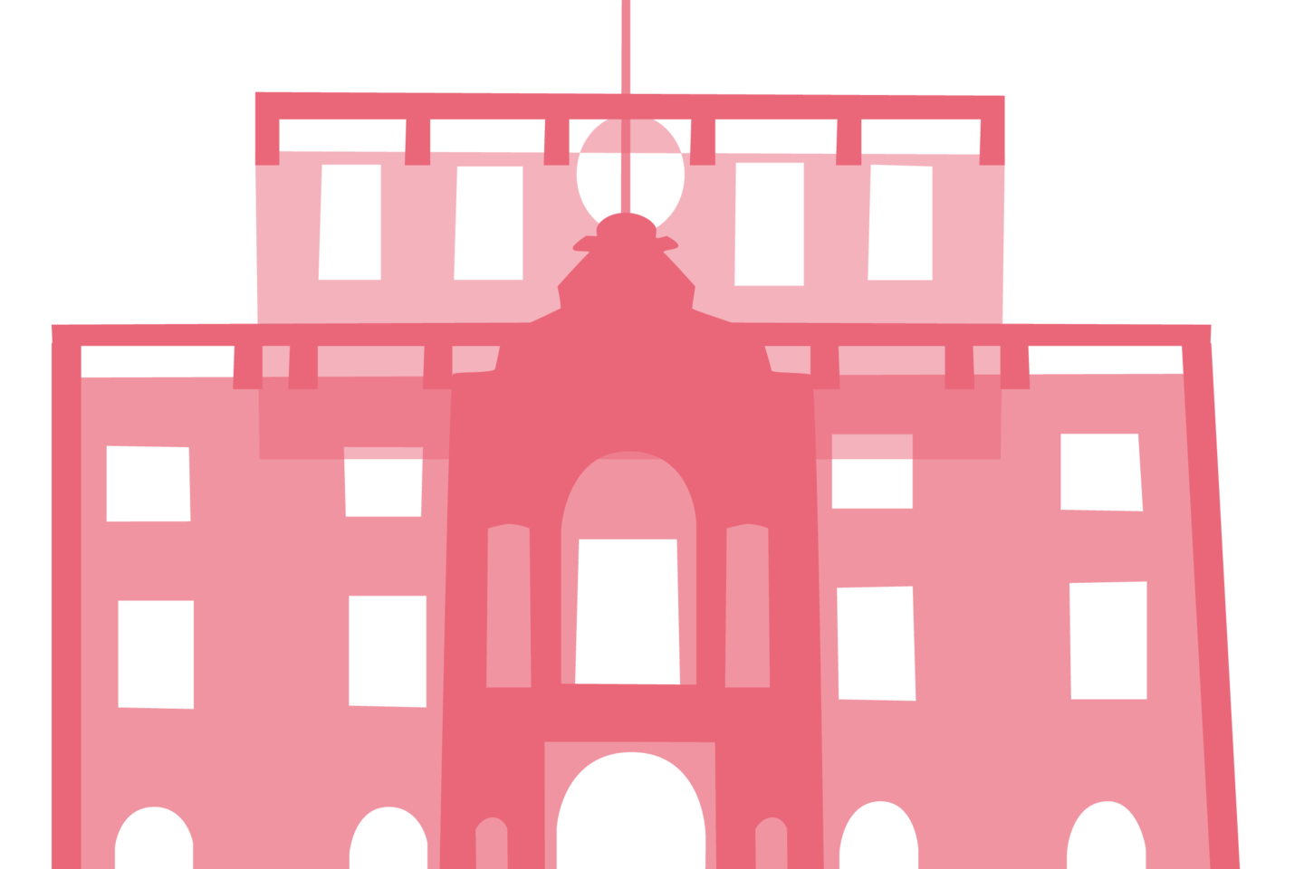 Orange illustration of a wing of the Mannheim Schloss. The various colorful illustrations are the components of a colorful Schloss.