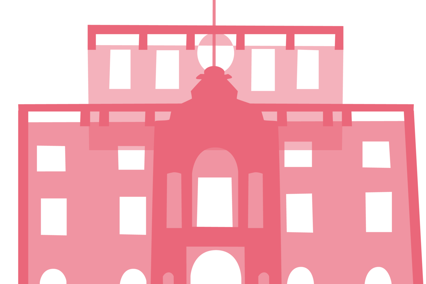 Orange illustration of a wing of the Mannheim Schloss. The various colorful illustrations are the components of a colorful Schloss.