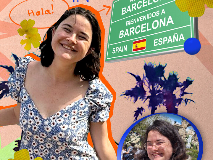 Fotocollage im Hochformat: Eine dunkelhaarige Studierende ist viermal zu sehen (unten links lachend im Vordergrund, rechts im Portrait, links oben mit einer weiteren Person vor dem Meer und rechts mit einer Gruppe Studierender.) Bildunterschrift in der Mitte: "Campus Cataluna: Annemarie in " mit einem Pfeil auf ein Straßenschild von Barcelona.