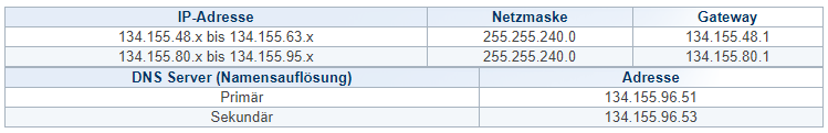 Eine Tabelle mit Daten zur IP-Adress, Netzmaske, Gateway, DNS Server und Adresse.