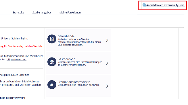 Ein Screenshot von der Webseite Portal² auf dem die Startseite zu sehen ist und die Schaltfläche „Anmelden an Externem System" mit einem roten Kästchen umrandet ist.