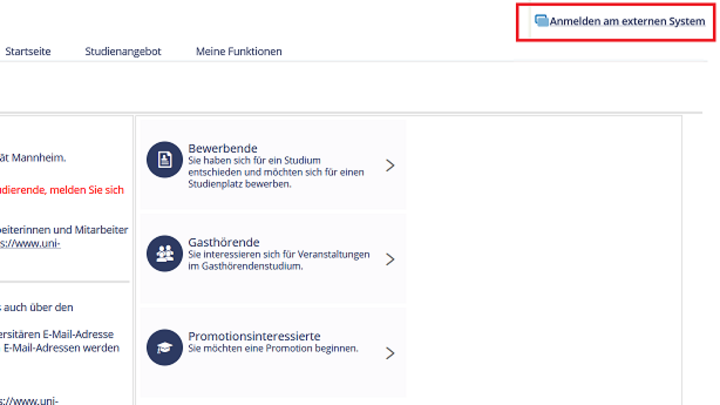 Ein Screenshot von der Webseite Portal² auf dem die Startseite zu sehen ist und die Schaltfläche „Anmelden an Externem System" mit einem roten Kästchen umrandet ist.