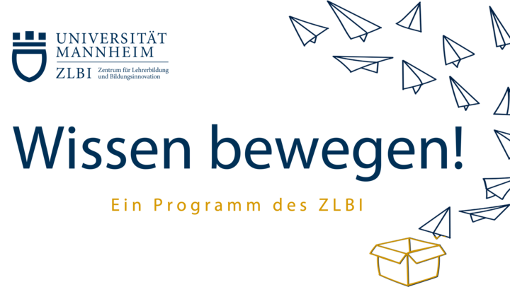 Logo der Universität Mannheim mit dem Slogan „Wissen bewegen! Die Kampagne zur Exzellenz“ und stilisierter Box mit Papierfliegern als Symbol für Ideen oder Innovation.