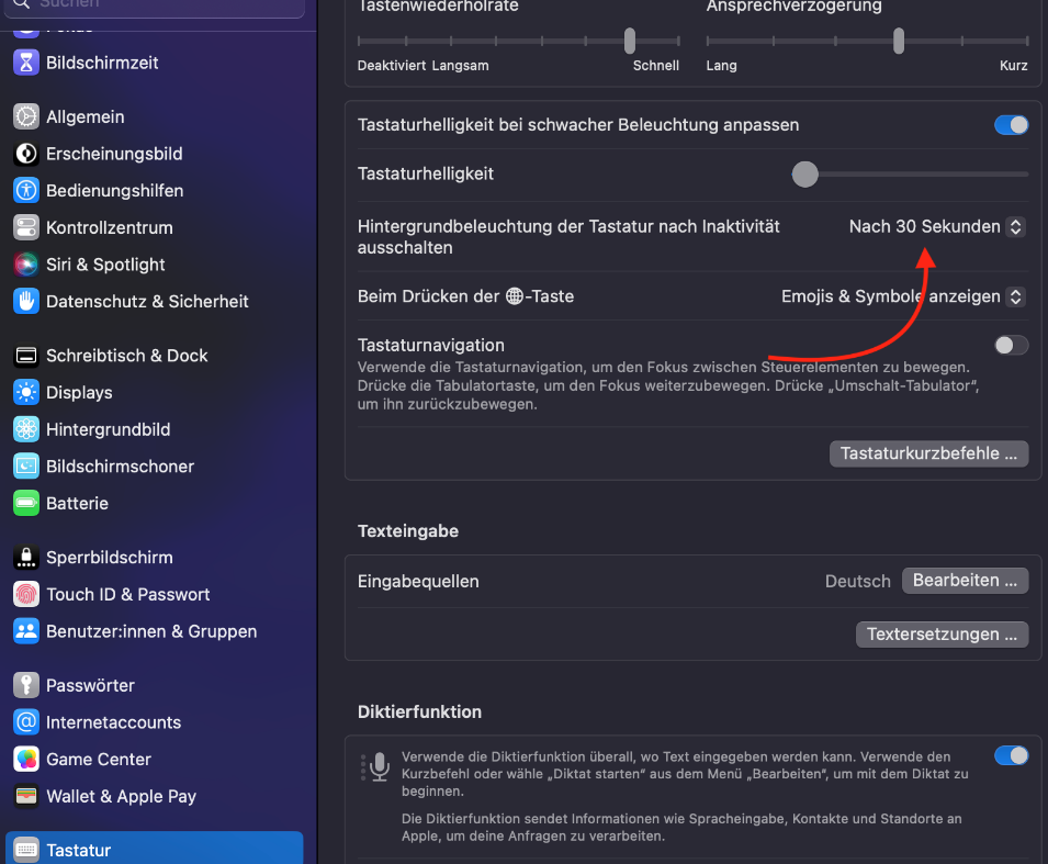 Tastatureinstellung bei MacOS 13 Ventura