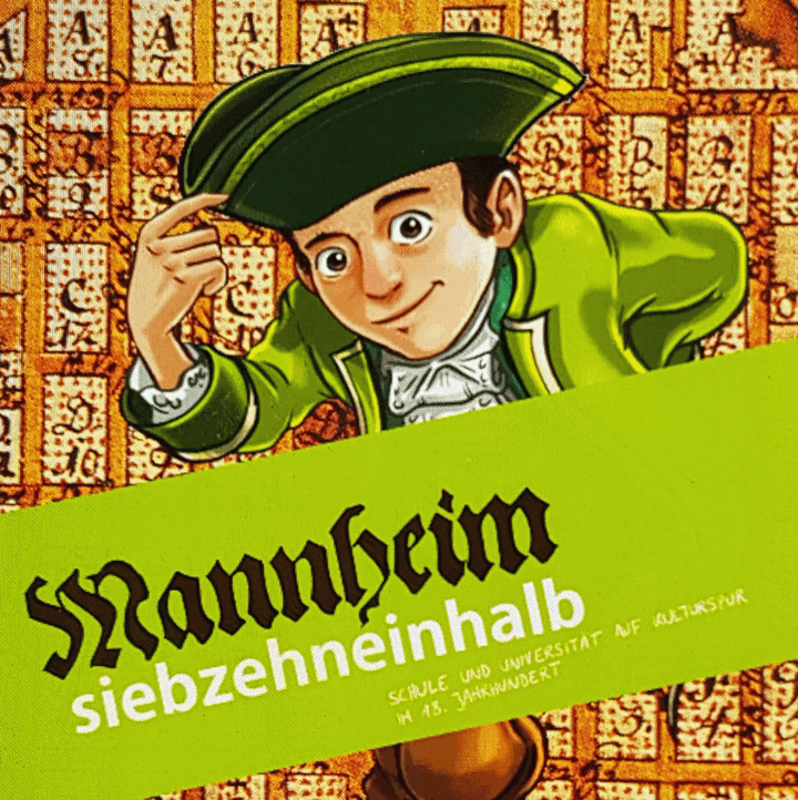 Auf einem Handy ist ein Flyer von Mannheim siebzehneinhalb geöffnet.