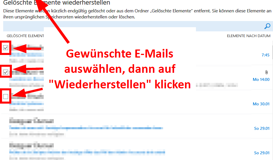 E-Mails auswählen und wiederherstellen