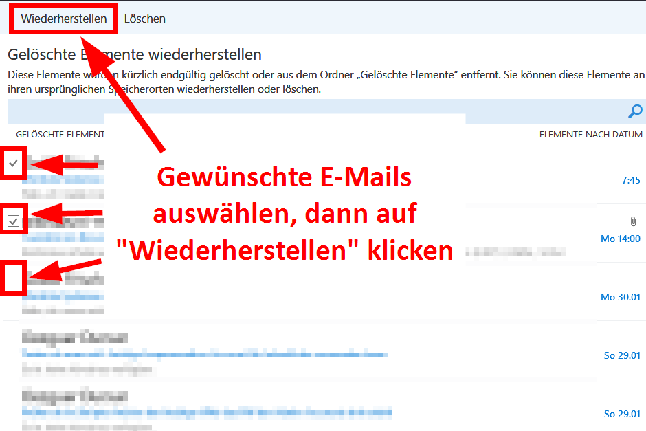 E-Mails auswählen und wiederherstellen