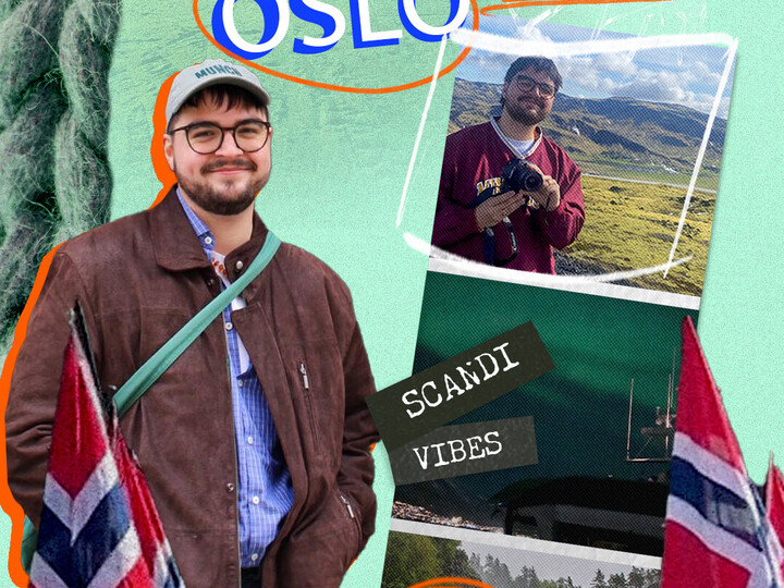 Fotocollage im Hochformat: Bildüberschrift: "Fjordbaden und Strickclub: Daniel erlebt Oslo". Darum herum Bilder eines Studierenden mit braunen Haaren, Bart und Brille, links im Großformat mit der norwegischen Flagge, rechts in verschiedenen Landschaften und mit anderen Studierenden. 