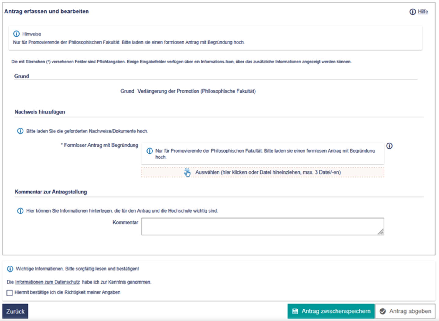 Ein Screenshot von der Website Portal² auf dem das Menü Antrag erfassen und bearbeiten mit dem Antragsgrund Verlängerung der Promotion (Philosophische Fakultät) abgebildet ist.