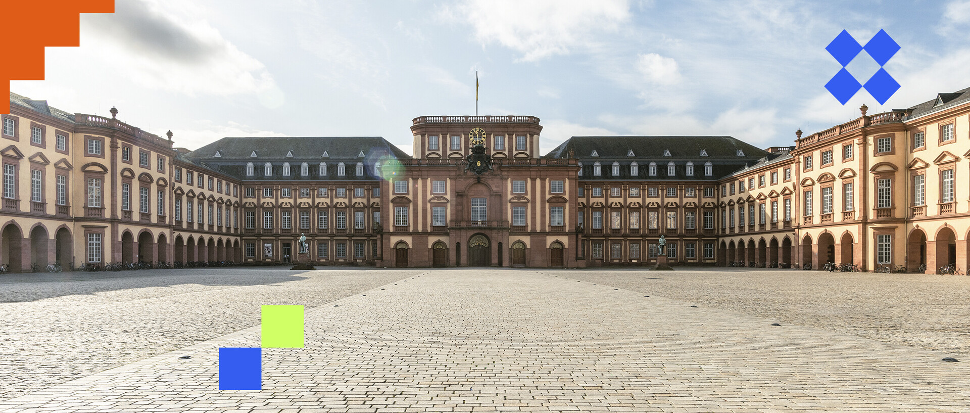 Das Barockschloss Mannheim vom Ehrenhof aus, im Hintergrund blauer Himmel.