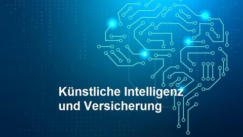 Logo der Jahrestagung: Auf blauem Hintergrund sieht man ein elektronisches Gehirn aus künstlichen neuronalen Netzen mit dem Schriftzug "Künstliche Intelligenz und Versicherung"
