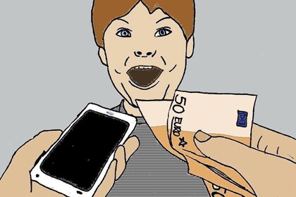 Eine Grafik mit einem Jungen, der den Mund geöffnet hat. Eine Hand mit einem Smartphone und eine Hand mit zwei 50-Euro-Scheinen werden ihm entgegengestreckt.