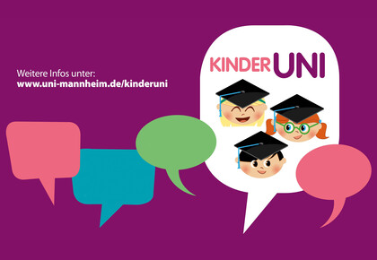 Grafik zur Kinder-Uni mit bunten Sprechblasen.