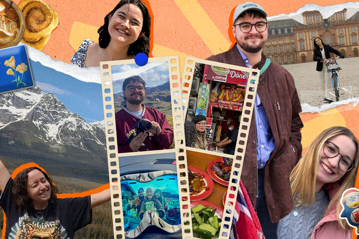 Eine bunte Collage verschiedener Studierender und Impressionen aus ihren Auslandsaufenthalten.