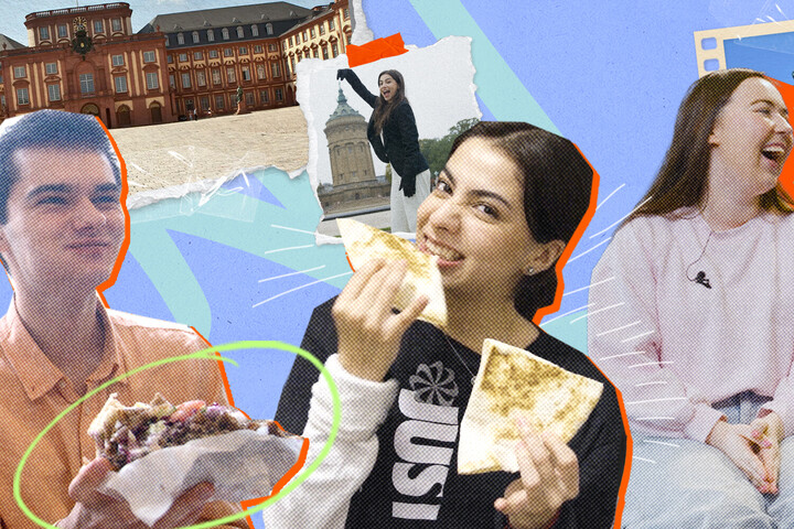 Eine bunte Collage verschiedener Studierender und Impressionen ihrer Studizeit an der Uni Mannheim