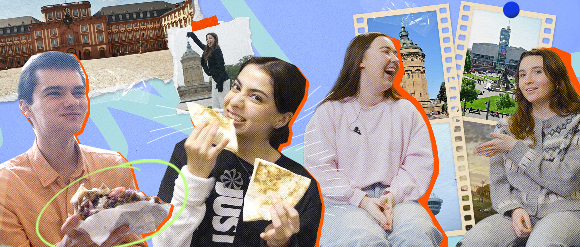 Eine bunte Collage verschiedener Studierender und Impressionen ihrer Studizeit an der Uni Mannheim