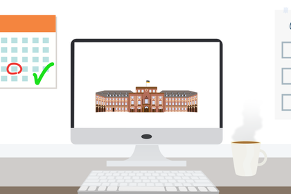 Eine Grafik mit weißer Tastatur und Monitor, der eine Abbildung des Mannheimer Schlosses zeigt. Links ist ein Kalender und rechts eine Checkliste zu sehen.