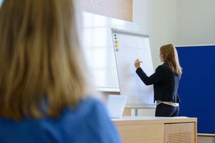 Frau zeichnet auf einem Flipchart, eine andere Person schaut zu.